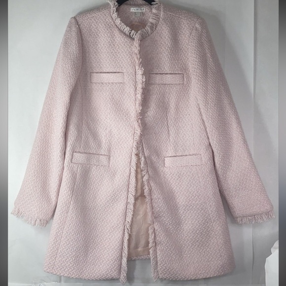 Pink Frayed Edge Fringe Women's Tweed Long Boucle Blazer barbie - Picture 2 of 11